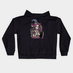 Witch and cat for cute Halloween, purple roses,scary, spooky Kids Hoodie